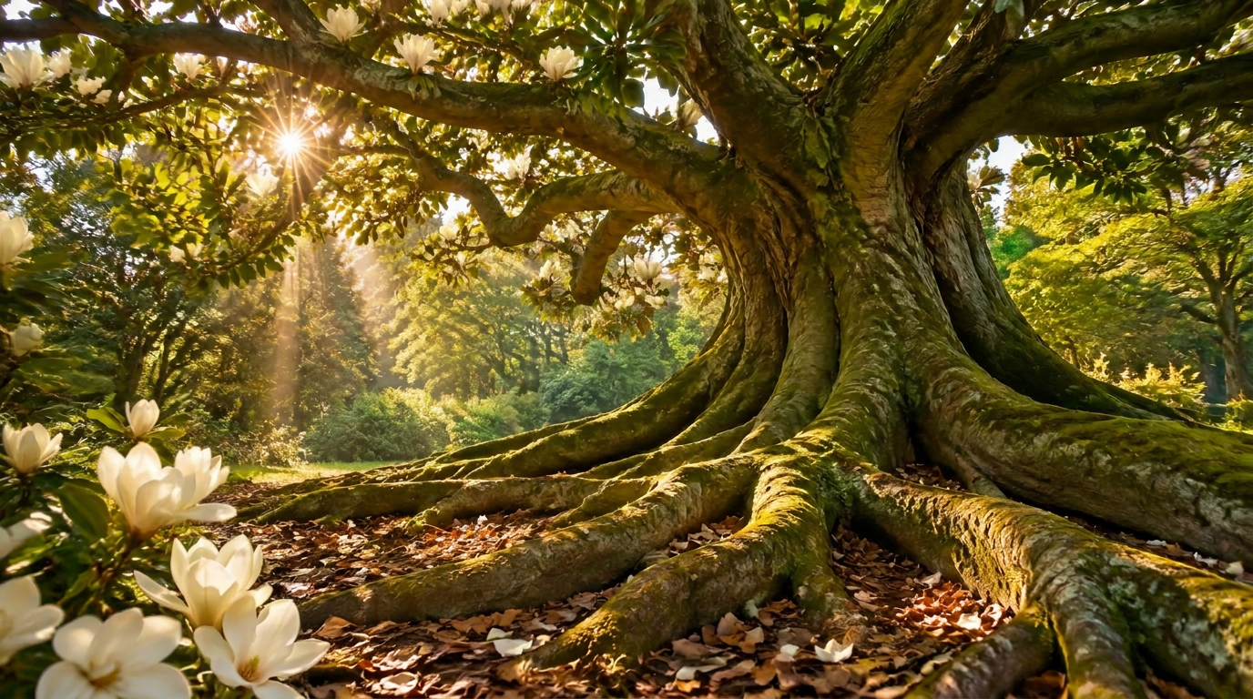 Ancient tree with deep roots in golden light