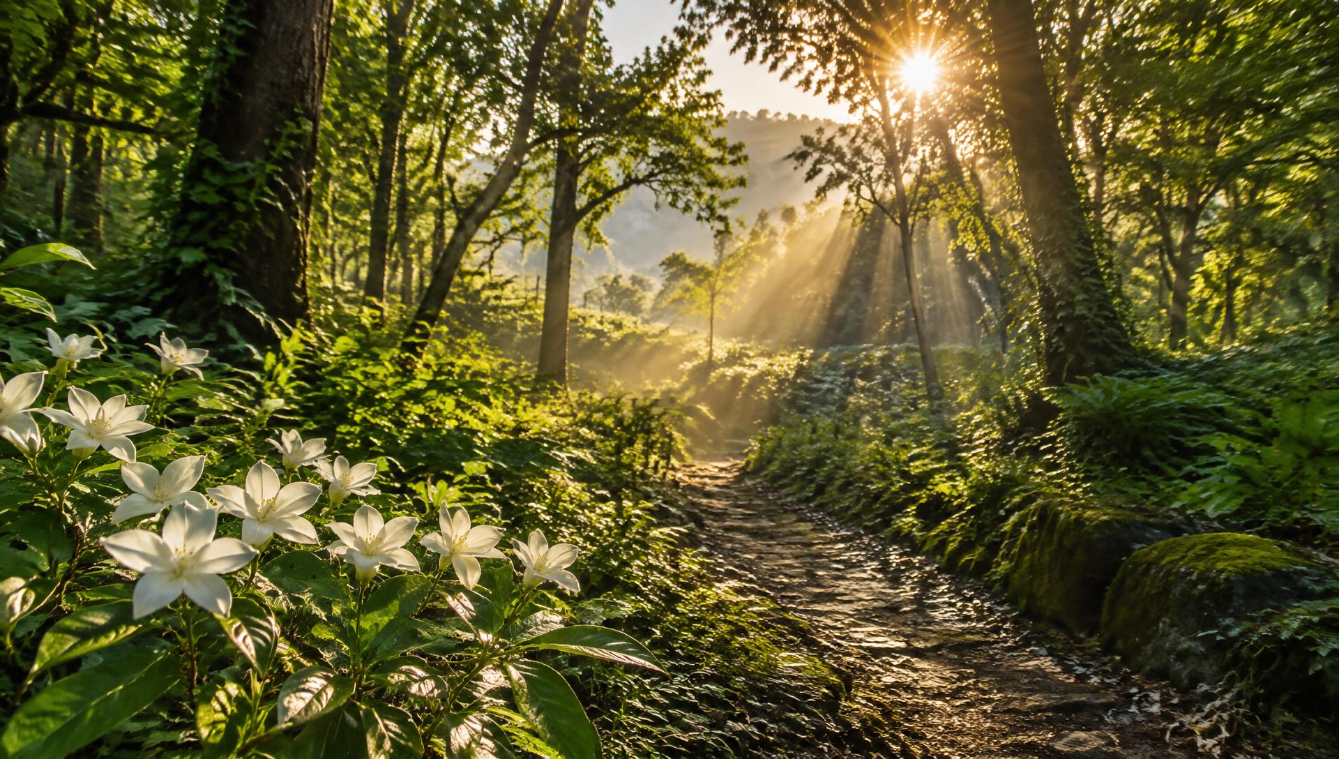 Sunlit forest path with white blossoms
