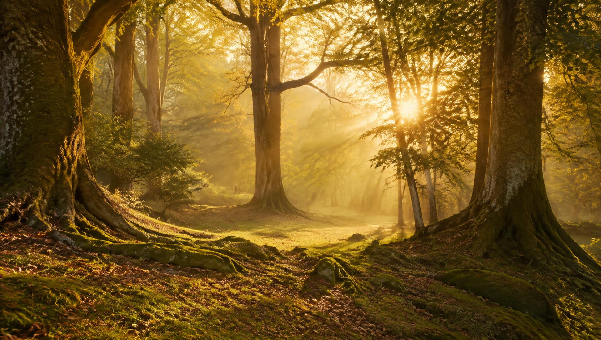 Sunlit forest grove at golden hour