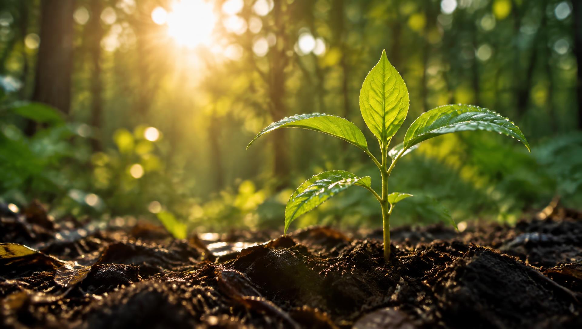 Young sapling growing in forest light